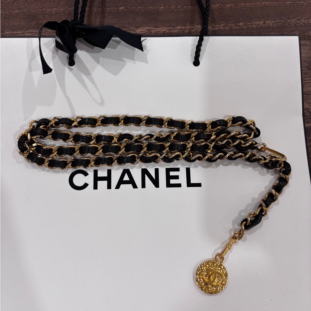 Authentic 1982 CHANEL vintage black and child leather chain belt 95cm - Picture 11 of 12